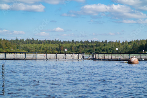 Large fish tanks on the river, salmon fish farm
