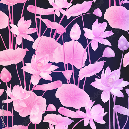 Lotus flowers seamless pattern. Vector illustration. In neon  fluorescent colors On blue background.