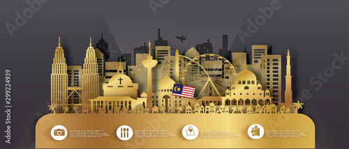 Malaysia with Gold Travel postcard panorama, poster, tour advertising of world famous landmarks in paper cut style.