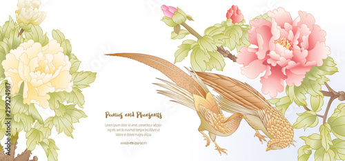 Peony tree branch with flowers with pheasants in the style of Chinese painting on silk Template for wedding invitation, greeting card, banner, gift voucher, label. Colored vector illustration..