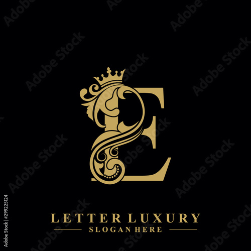 Initial letter E luxury beauty flourishes ornament with crown logo template.