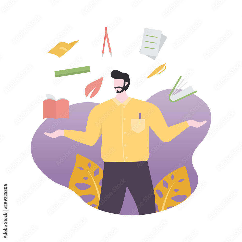 Teacher Standing with Teaching Tools Book Ruler Pen Compass Flat Illustration Teacher Standing with Teaching Tools Book Ruler Pen Compass Flat Illustration