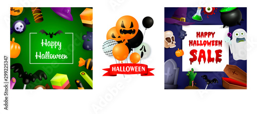 Halloween sale green, violet banner set with creepy balloons