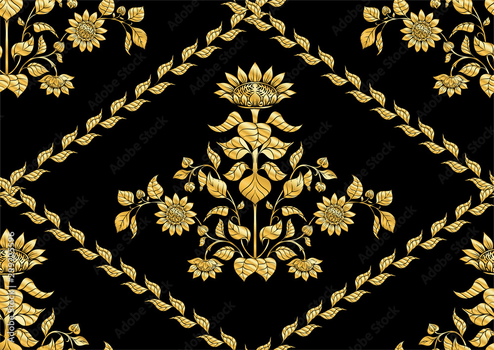 Foto auf Acrylglas mit Sonnenblume. Nahtloses Muster, Hintergrund. Im Jugendstil, Vintage, Alt, Retro-Stil. In Gold und Schwarz #299225596