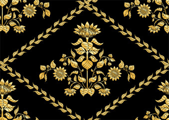 Handdoek met foto Zwart goud patronen Zonnebloem art nouveau vintage motief  © Elen  Lane