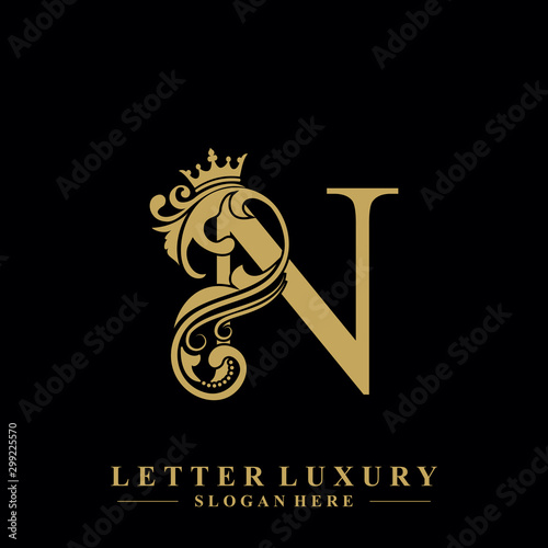 Initial letter N luxury beauty flourishes ornament with crown logo template.