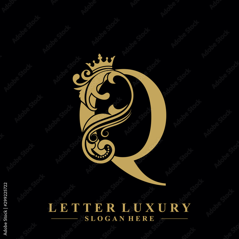Initial letter Q luxury beauty flourishes ornament with crown logo template.