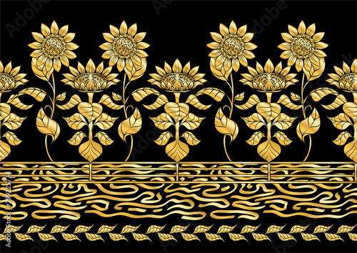 Sunflower. Seamless pattern, background. In art nouveau style, vintage, old, retro style. In gold and black