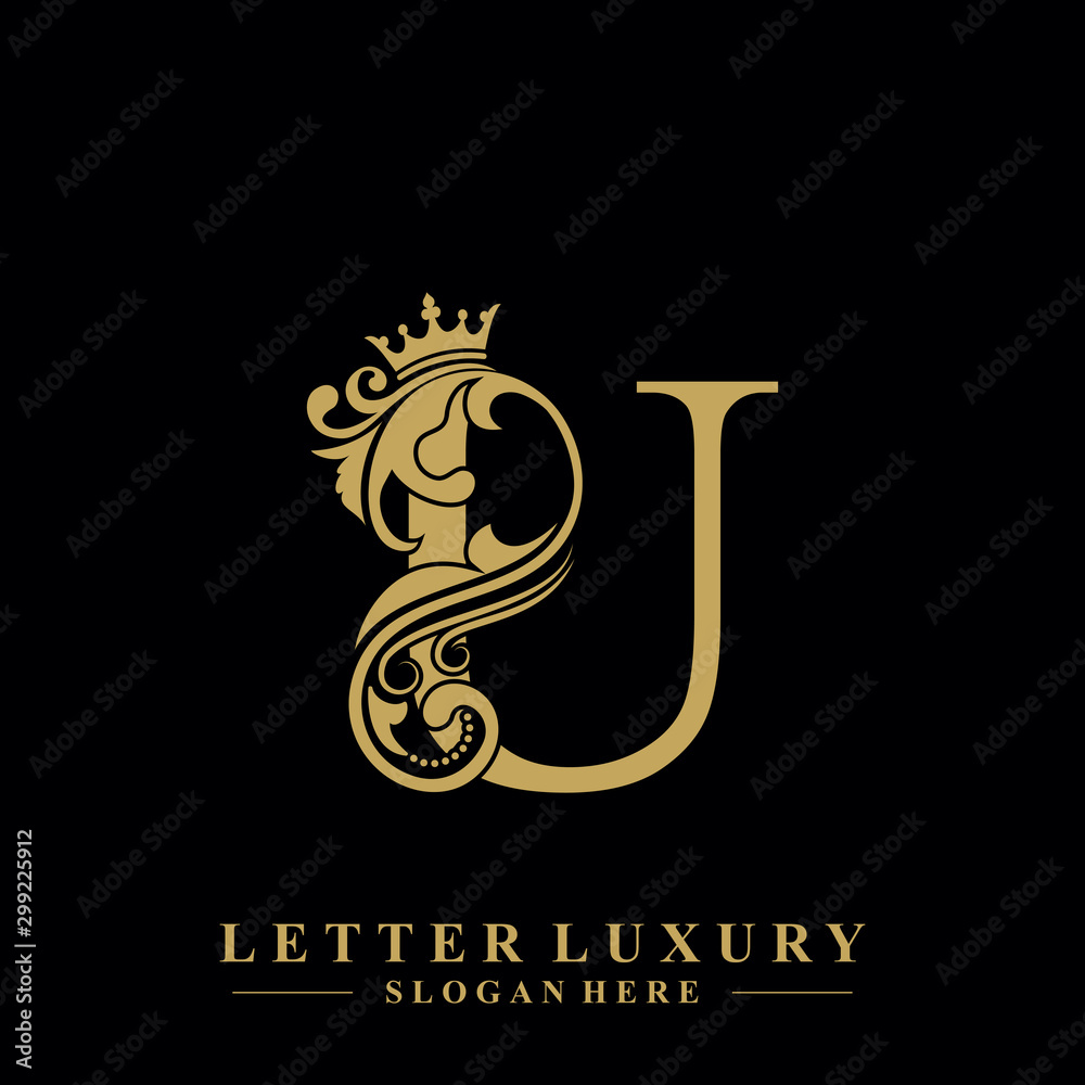 Initial letter U luxury beauty flourishes ornament with crown logo ...