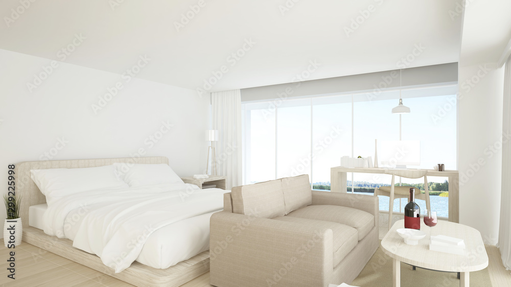 Bedroom space interior minimal and wall decoration empty inand nature view background	 3D rendering