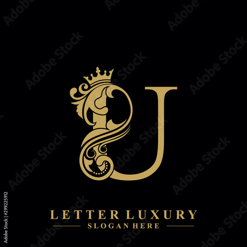 Initial letter U luxury beauty flourishes ornament with crown logo template.