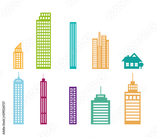 bundle of buildings facades isometric style vector illustration design