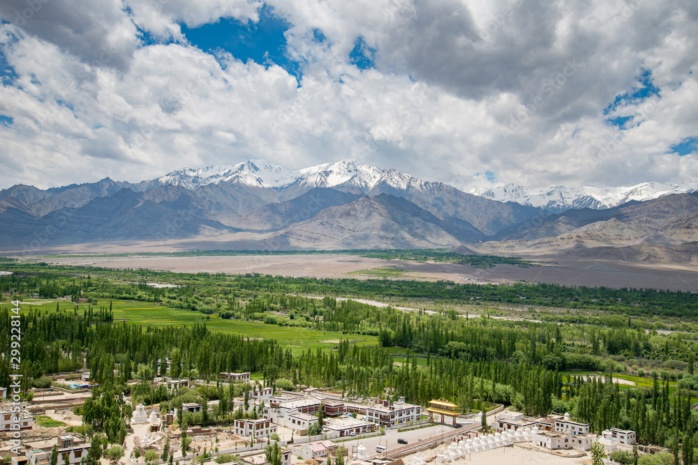 Beautiful landscape view from Thiksey monastery ( Gompa ) temple under blue sky. India, Ladakh, Thiksey Monastery