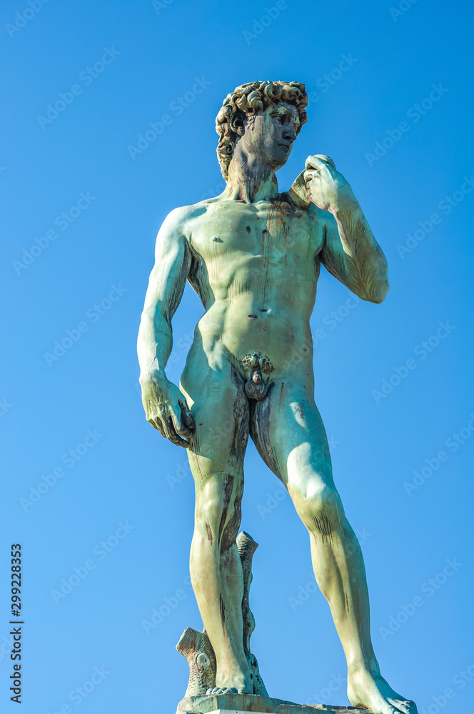 View of a bronze cast of David at the Piazzale Michelangelo in Florence, Italy