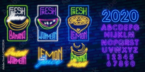 Fruits set neon light, banana, watermelon and lemon neon, summer set, brick background, ecologically clean organic food for healthy lifestyle. EPS10 vector illustration.