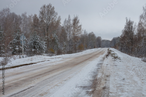 the snow-covered winter road in the wood
