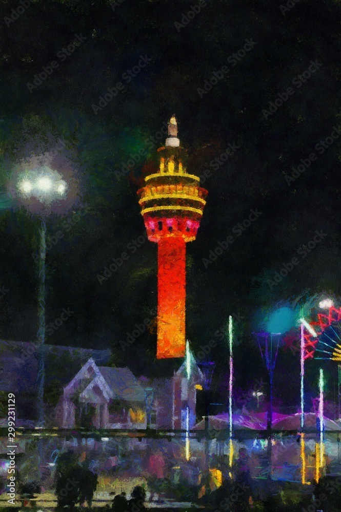 Naklejka premium The landscape of the city with a tall tower is a landmark Illustrations creates an impressionist style of painting.