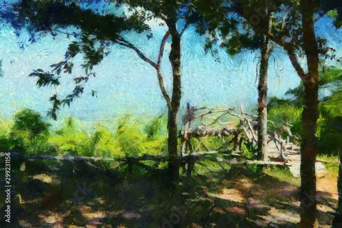 Balcony made of trees Illustrations creates an impressionist style of painting.