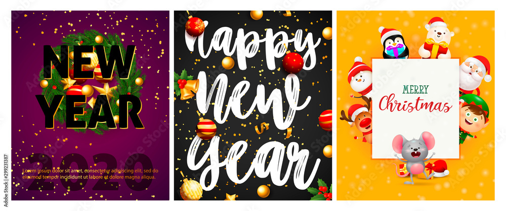 New Year violet, grey, yellow banner set with animals, baubles