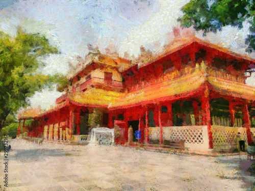 Photography Ancient mansion, Chinese architectural style, colorful Illustrations creates an impressionist style of painting