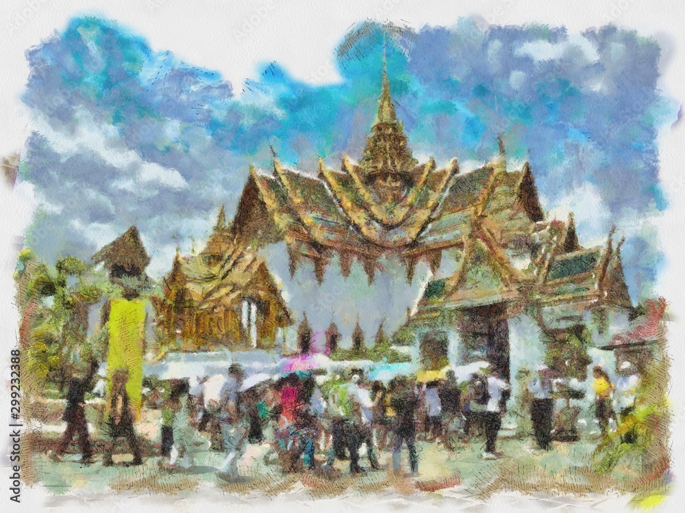 The Grand Palace Bangkok Illustrations creates an impressionist style of painting.