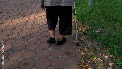 close up senior woman legs walking with walking stick in the park photo