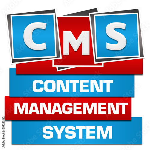 CMS - Content Management System Red Blue Blocks Bottom Text 