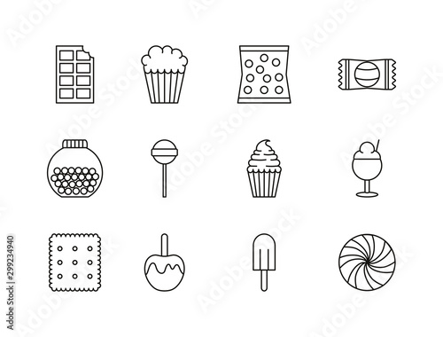 sweet dessert candy and pastry icons set line