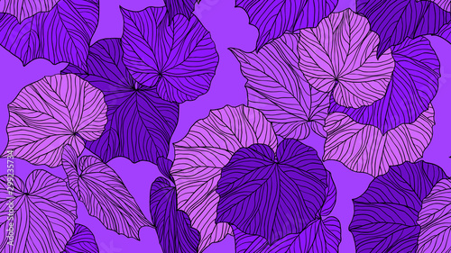 Foliage seamless pattern, leaves line art ink drawing in purple on purple