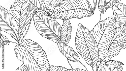 Foliage seamless pattern, leaves line art ink drawing in black and white