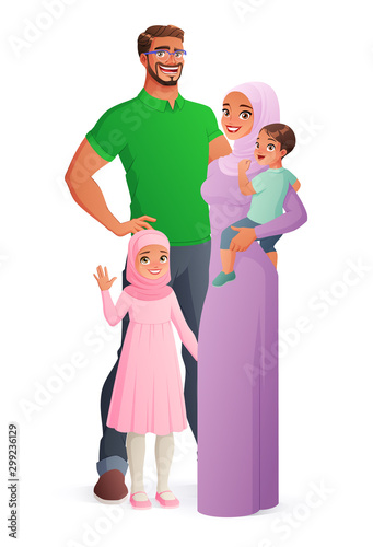 Happy Muslim family portrait. Isolated vector illustration.