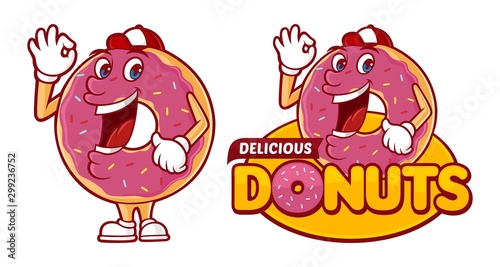 Delicious donut logo template, with funny character cartoon vector