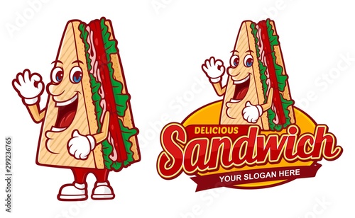 Delicious sandwich logo template, with funny character cartoon vector