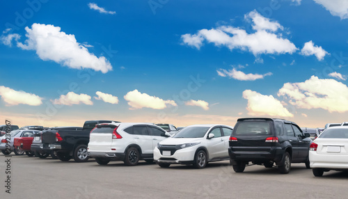 Car parked in large asphalt parking lot with white cloud and blue sky background. © merrymuuu