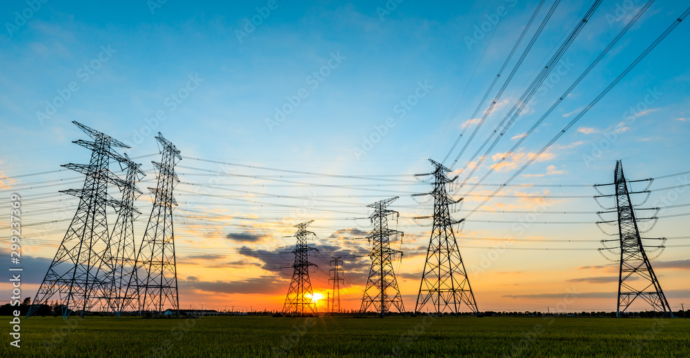 High voltage post,high voltage tower sky sunset landscape,industrial background.