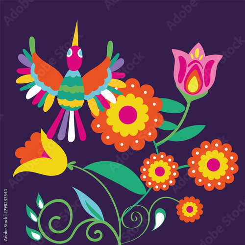 dia de los muertos card with bird and flowers