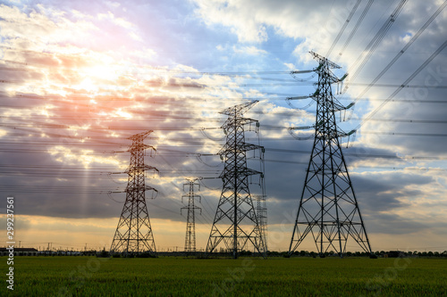 High voltage post,high voltage tower sky sunset landscape,industrial background.