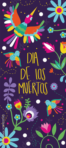dia de los muertos card with lettering and birds floral decoration