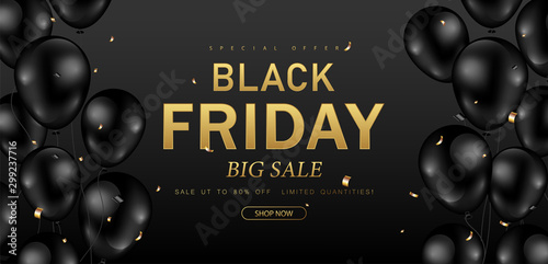 Black Friday sale poster, banner decorated with shiny balloons, confetti design on black background. Vector illustration.