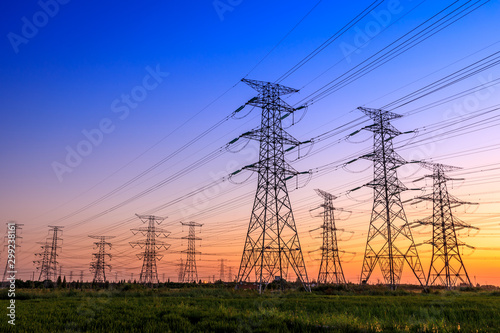High voltage electricity tower sky sunset landscape,industrial background Fototapeta