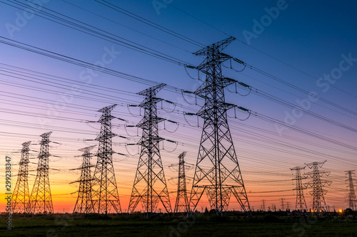 High voltage electricity tower sky sunset landscape,industrial background.