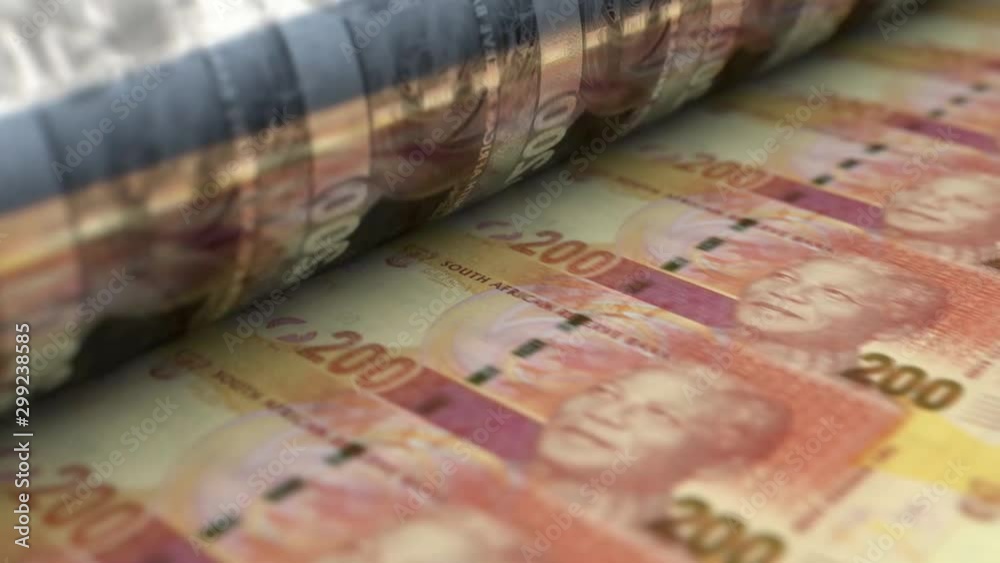 A loop able animation concept image showing a long sheet of South African Rand notes going through a print roller in its final phase of a print run A loop able animation concept image showing a long sheet of South African Rand notes going through a print roller in its final phase of a print run
