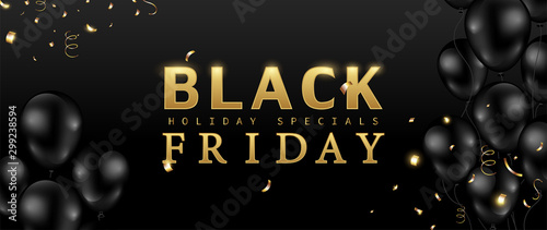 Black Friday sale. Shiny balloons with gold confetti on black background. Design for banner, flyer, invitation, website, or poster. Vector illustration.