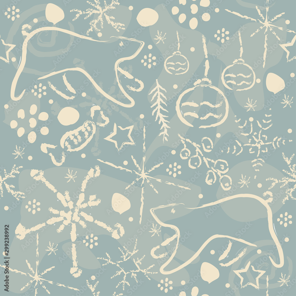 Cute Winter Pattern with bears and ornaments. Vector Illustration.