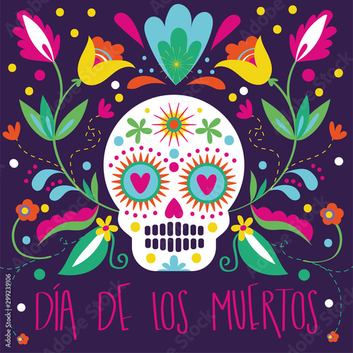 dia de los muertos card with skull and floral decoration