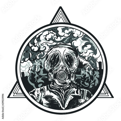 Man wearing gas mask with smoke dirty air pollution
