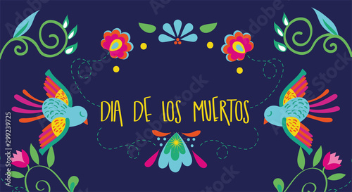 Canvas Print dia de los muertos card lettering with birds and flowers
