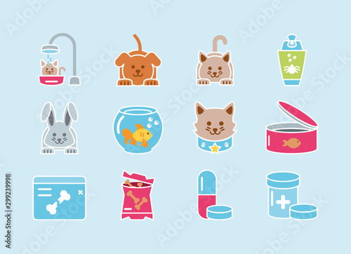 pet shop grooming food vet care icons set