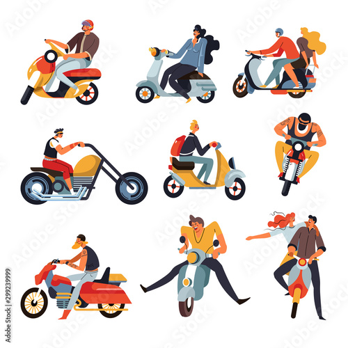 Bikers or motorbike racers on motorcycles and mopeds or sportbikes, isolated characters