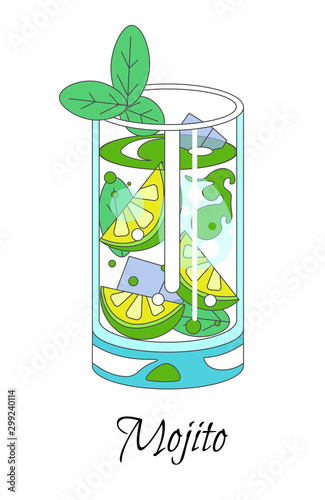Cocktail party, mojito drink with ice cubes, lime and mint